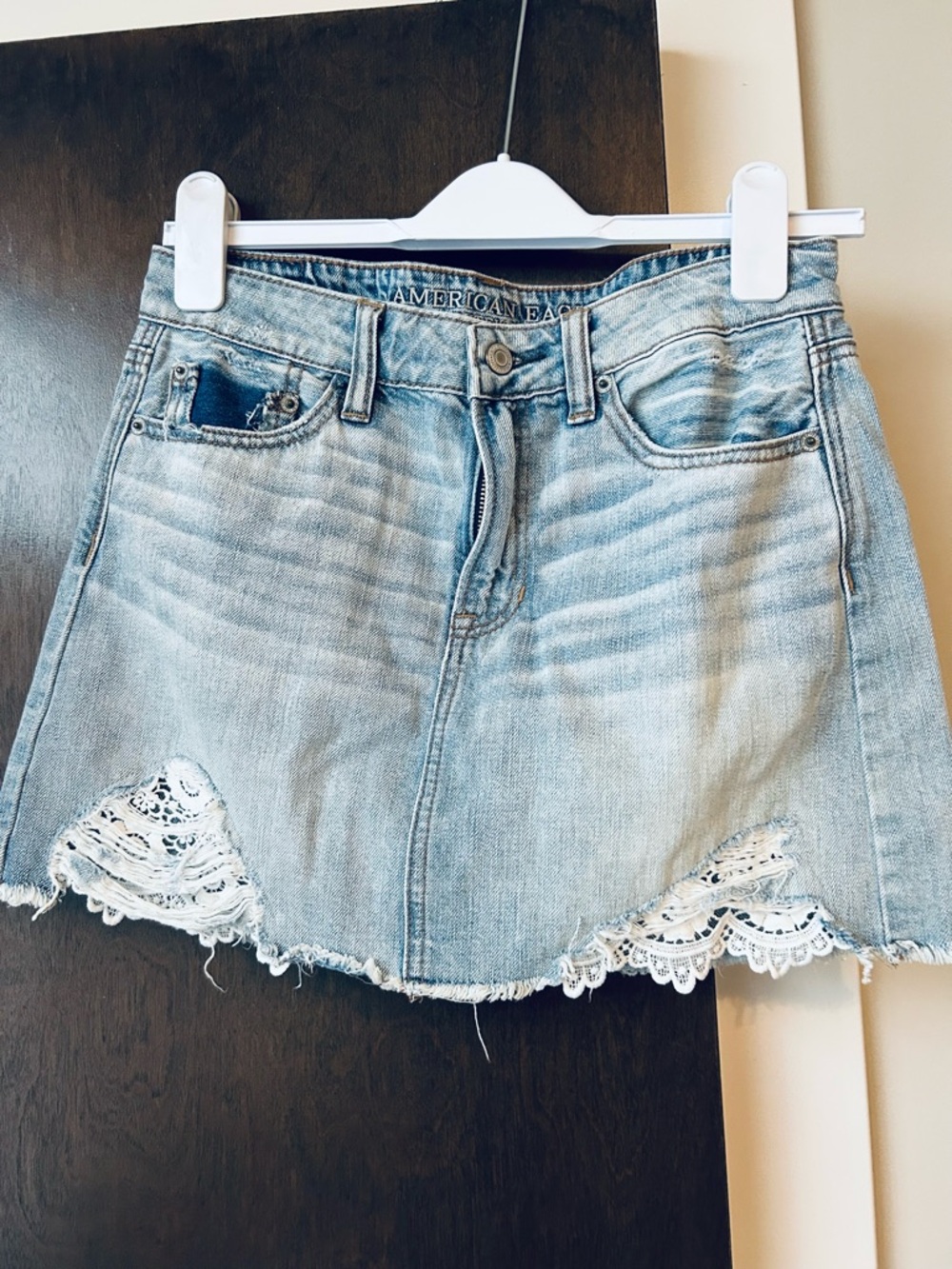 American Eagle Outfitters Light Blue Denim Mini Skirt with Lace Trim